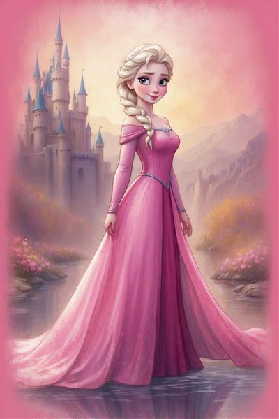 تصویر فانتزی السا با لباس صورتی مجلسی و موی بافته شده کنار رودخانه