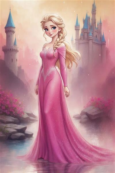 پوستر سئویی السا با لباس صورتی آستین بلند کنار قصر برای اتاق دخترانه