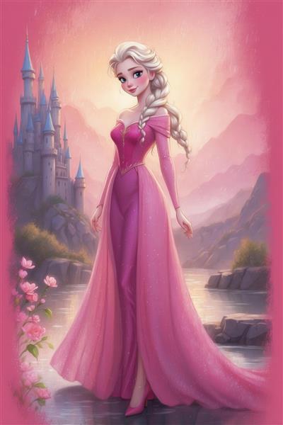 عکس کارتونی السا با لباس صورتی آستین بلند کنار رودخانه برای چاپ