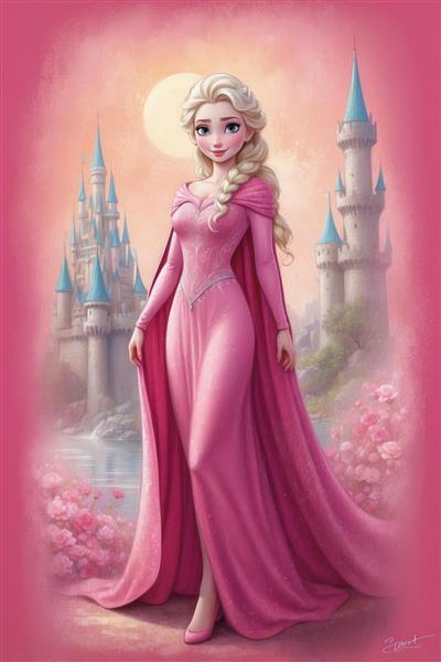 طرح دکوراتیو السا با شنل بلند صورتی و قصر در حال طلوع خورشید