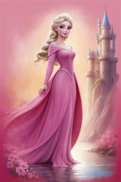 تصویر فانتزی السا در لباس صورتی با موی مواج و قصر در مه برای پوستر