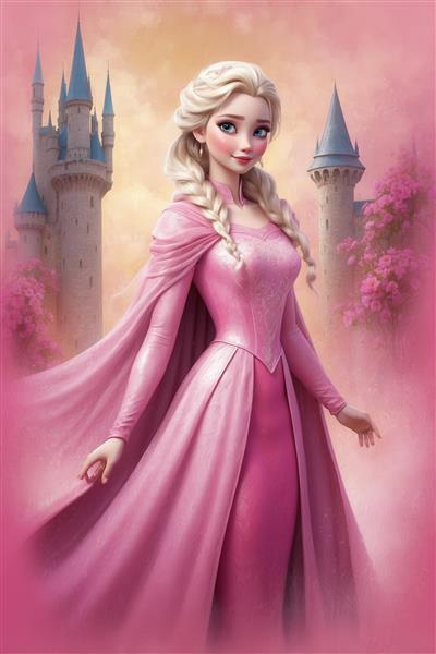 عکس باکیفیت السا با لباس صورتی و شنل بلند در پس‌زمینه قصر برای تابلو