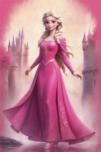 پوستر سئویی السا با لباس صورتی و طرح‌های طلایی برای پرده اتاق کودک