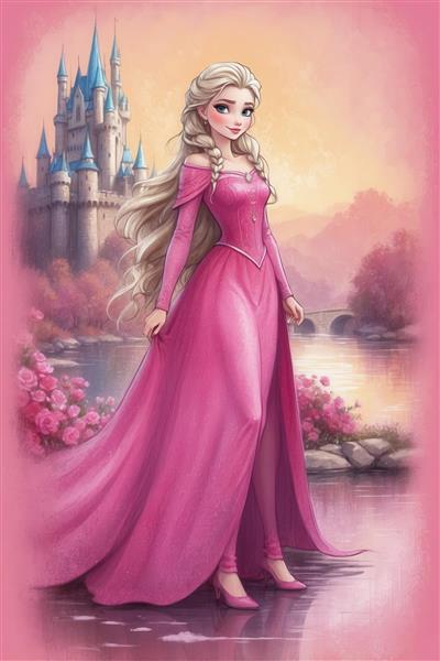 تصویر دکوراتیو السا در لباس صورتی پررنگ با قصر و پل برای پوستر