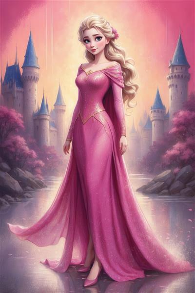 طرح کارتونی السا در لباس صورتی و قصر صورتی برای چاپ روی ماگ و کوسن