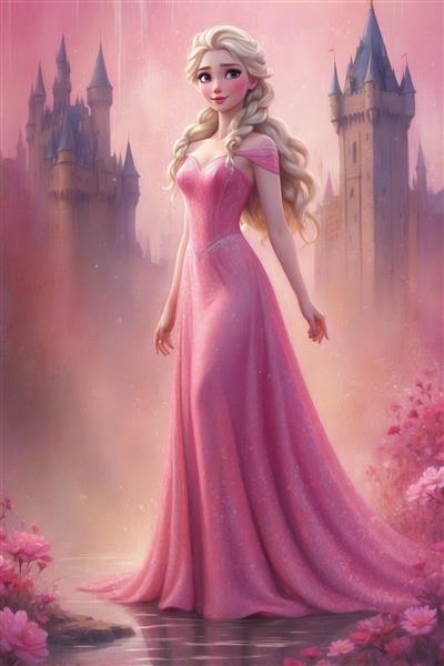 عکس فانتزی السا با لباس صورتی درخشان و قصر در پس‌زمینه برای تابلو