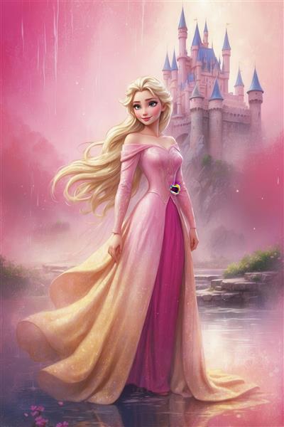 تصویر باکیفیت السا در لباس صورتی و طلایی بلند در کنار قصر برای چاپ عریض