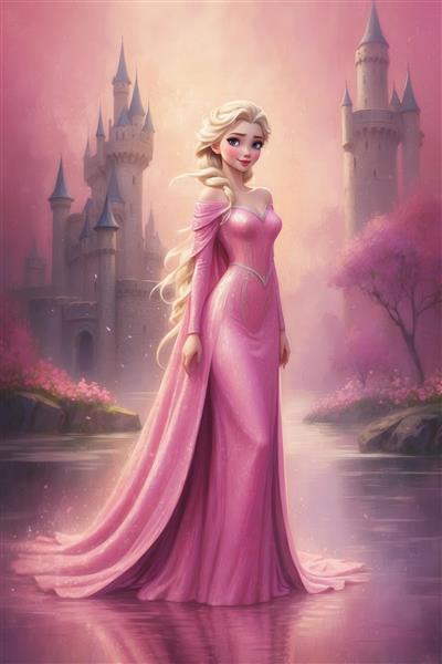 پوستر سئویی السا با لباس صورتی بلند و شنل برای پرده اتاق کودک