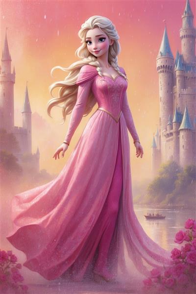 عکس دکوراتیو السا با لباس صورتی و موی رها شده در کنار قصر برای چاپ