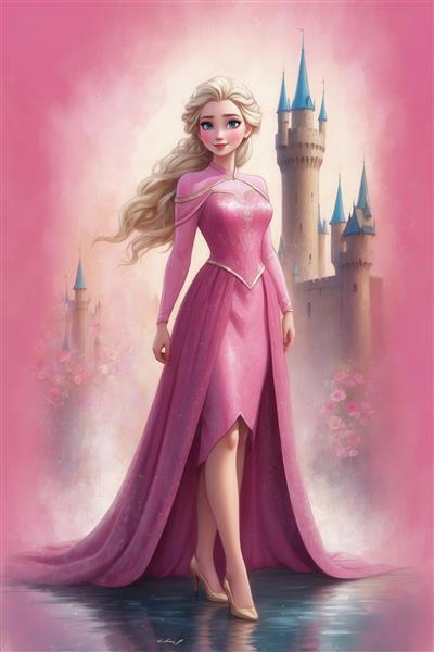 تصویر کارتونی السا در لباس صورتی مجلسی با پس‌زمینه قصر برای تابلو