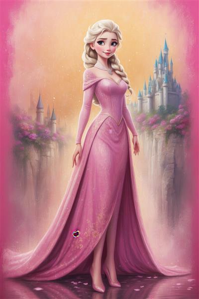 طرح فانتزی السا در لباس صورتی بلند با قصر برای پوستر اتاق دخترانه