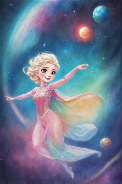 عکس آبرنگی السا در لباس رنگین‌کمان فضایی برای چاپ روی ماگ و کوسن