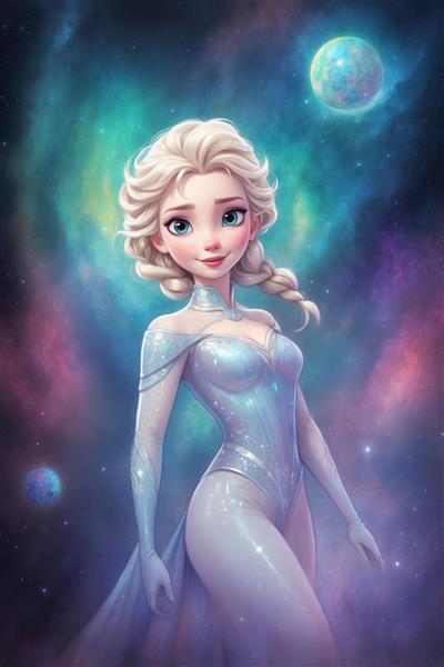 پوستر کارتونی السا در لباس فضایی سفید با موی جمع برای اتاق کودک