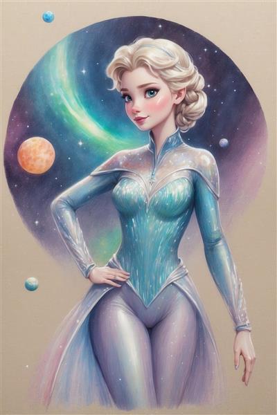 تصویر فانتزی السا فضایی آبرنگی با پس‌زمینه دایره‌ای برای پوستر