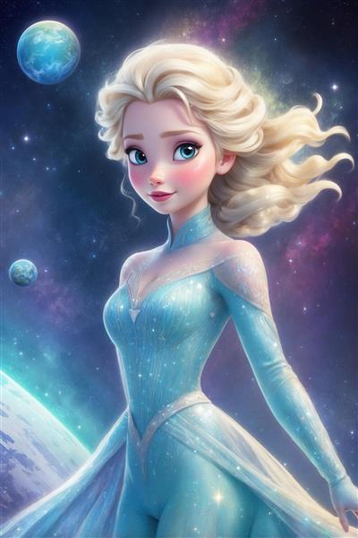 عکس سئویی السا با لباس آبی براق و دنباله‌دار در کهکشان برای چاپ عریض