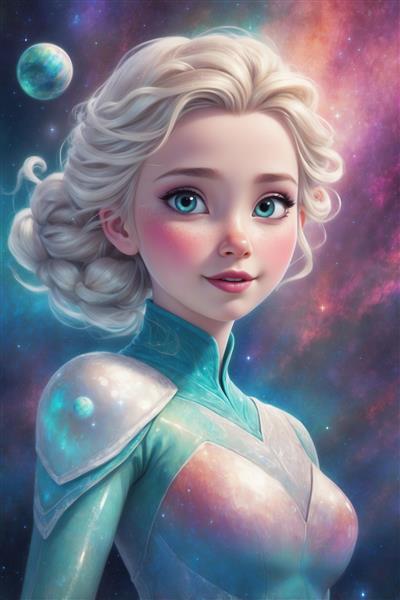 طرح دکوراتیو السا فضایی پرتره با لباس آبی و نقره‌ای برای تابلو نشیمن