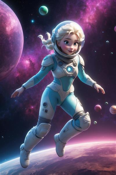 پوستر باکیفیت السا فضانورد با لباس آبی و سفید پروازکننده میان سیارات