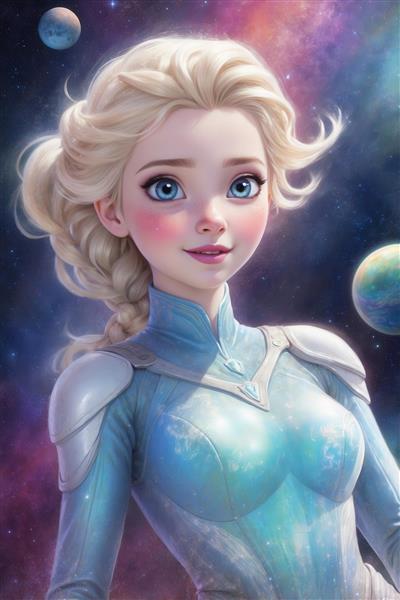 تصویر کارتونی السا فضایی پرتره با موی جمع و لباس آبی برای کوسن