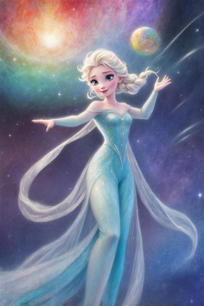 عکس فانتزی السا در لباس بلند آبی و دنباله‌دار در فضا برای پرده