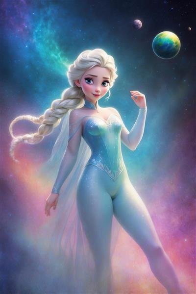 طرح باکیفیت السا با موی بافته بلند و لباس فضایی آبی برای پوستر