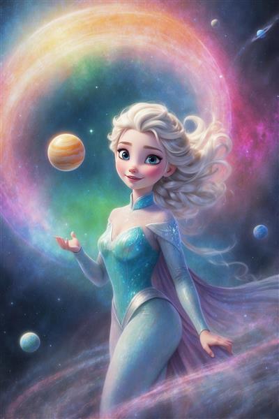 تصویر دکوراتیو السا با لباس آبی و هاله‌ رنگین‌کمانی برای چاپ عریض