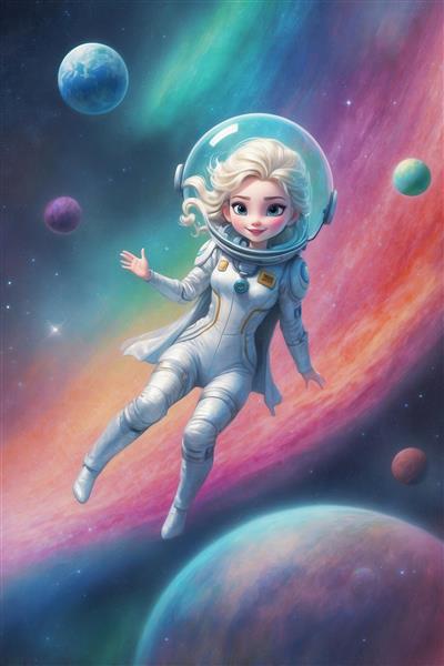 عکس سئویی السا فضانورد کارتونی در حال پرواز میان سیارات برای تابلو