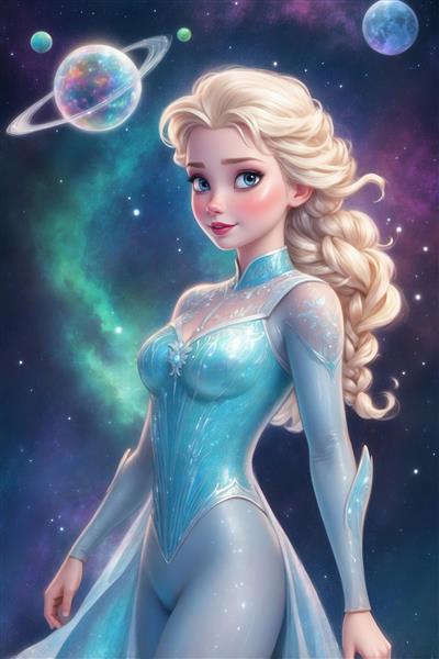 پوستر فانتزی السا با لباس آبی فضایی و سیاره زحل برای دکوراسیون