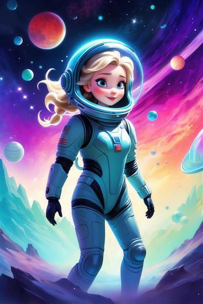 تصویر کارتونی السا فضانورد در سیاره با کوه‌های رنگی برای پوستر