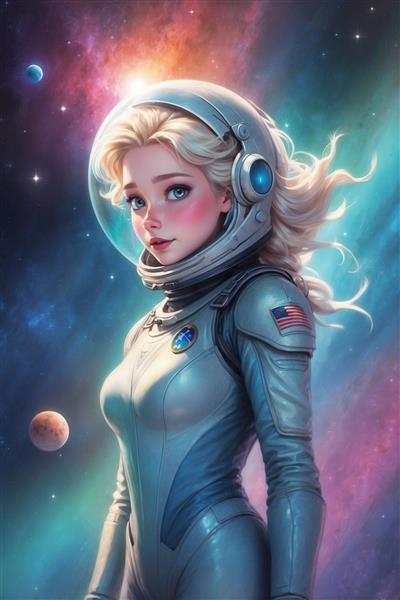 تصویر سئویی السا فضانورد با لباس نقره‌ای و پرچم آمریکا برای تابلو