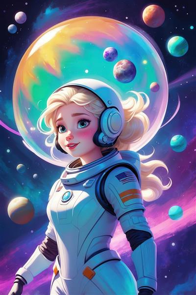 عکس فانتزی السا فضانورد با هدفون و پس‌زمینه سیاره بزرگ دکوراتیو