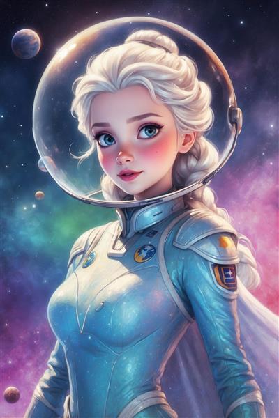 تصویر باکیفیت السا فضانورد با لباس آبی در کهکشان برای پوستر دیواری