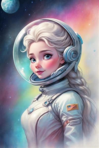 طرح کارتونی السا فضانورد با کلاه شیشه‌ای برای تابلو دکوراتیو اتاق دخترانه