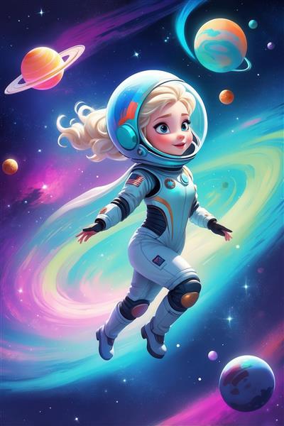 تصویر کارتونی السا فضانورد در حال پرواز میان سیارات برای پوستر اتاق کودک