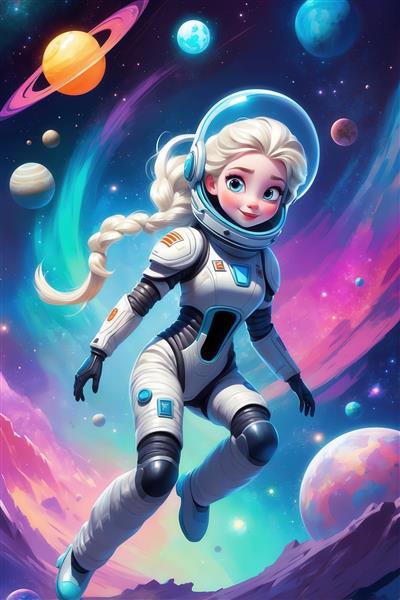 طرح السا فضانورد کارتونی بافته شده مو در لباس سفید برای پوستر اتاق کودک