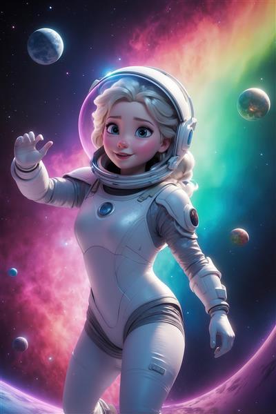 عکس السا فضانورد با لباس سفید در حال دست تکان دادن در پس‌زمینه کهکشانی