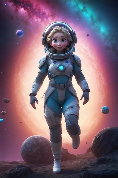 طرح السا فضانورد با لباس آبی و پس‌زمینه ستاره‌ای رنگین کمانی برای پوستر