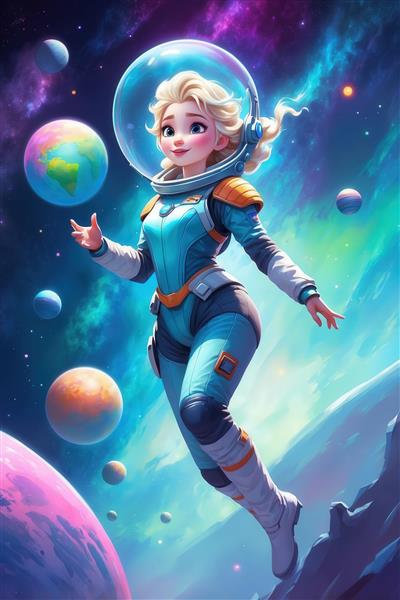 تصویر السا فضانورد کارتونی با لباس آبی و کلاه شفاف در میان سیارات