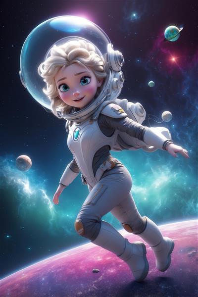 عکس السا فضانورد کارتونی با کلاه فضایی بزرگ در حال قدم زدن روی سیاره