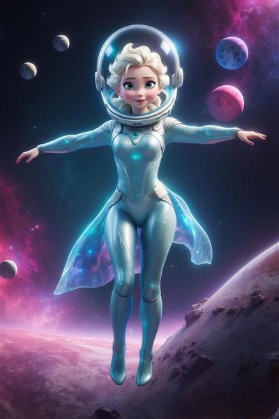 طرح السا فضانورد کارتونی با دامن شفاف آبی در حال شناور شدن برای تابلو