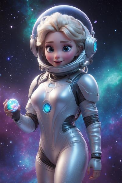 تصویر السا فضانورد در لباس سفید در حال نگه داشتن گوی کهکشانی برای چاپ