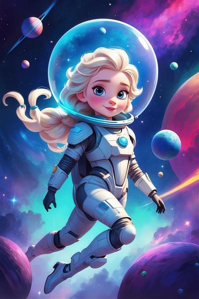 طرح السا فضانورد کارتونی در حال شناور شدن با کلاه فضایی برای تابلو
