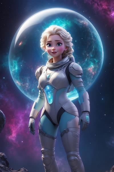 عکس السا فضانورد کارتونی با لباس فضایی در کهکشان برای پوستر