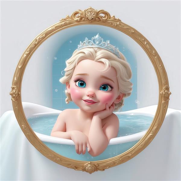 تصویر السا کودک کارتونی در وان با قاب طلایی برای چاپ روی حوله
