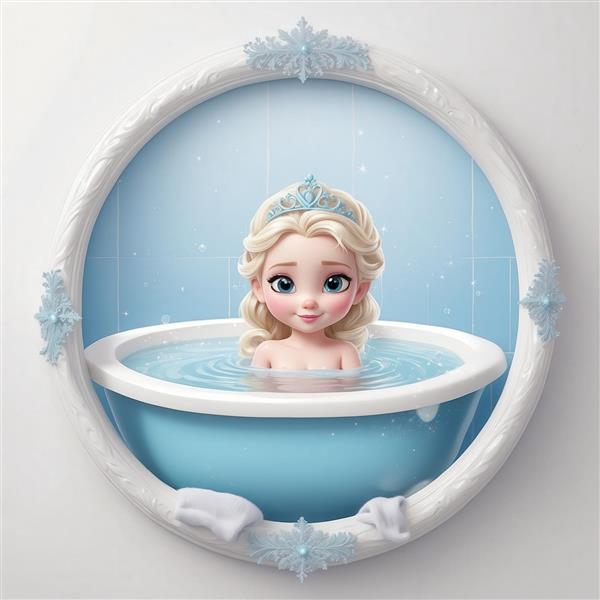 عکس السا کودک کارتونی در وان حمام با قاب سفید برفی برای پوستر
