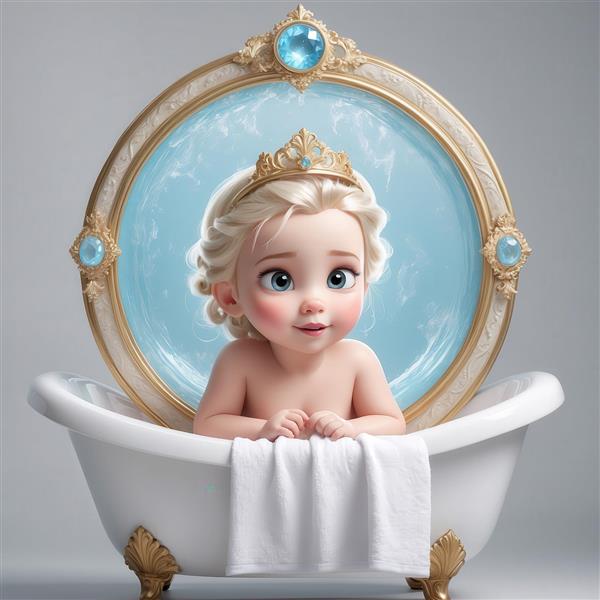 طرح السا کودک کارتونی در وان حمام با قاب آینه طلایی برای تابلو