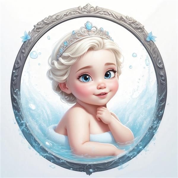 تصویر السا کودک کارتونی در حال حمام در قاب نقره‌ای برای چاپ روی ماگ