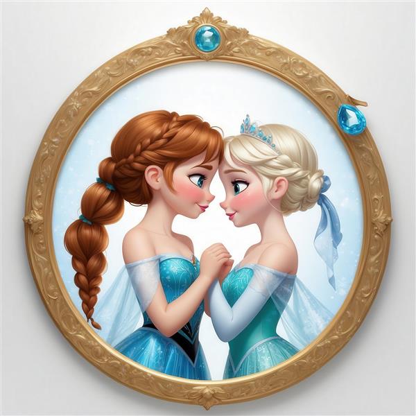 طرح السا و آنا کارتونی با لباس آبی در قاب دایره طلایی برای تابلو