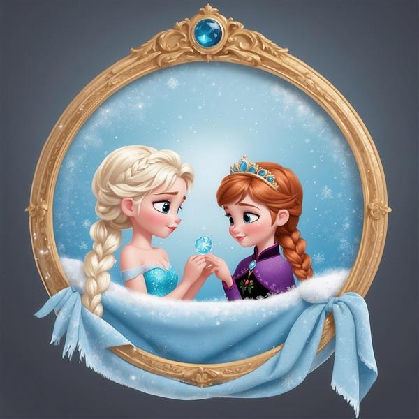 تصویر السا و آنا در قاب آینه طلایی با لباس برفی برای چاپ روتختی