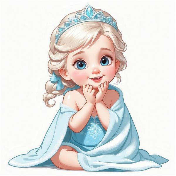 عکس السا کودک کارتونی با شنل آبی و تاج نقره‌ای برای پوستر کودکانه