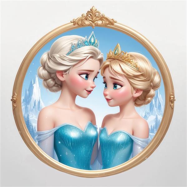 طرح السا و خواهرش در قاب طلایی برای تابلو دکوراتیو اتاق نشیمن